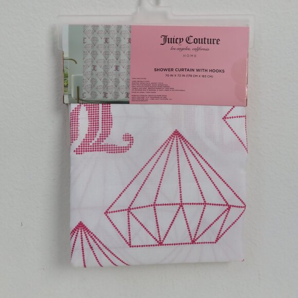 (#110) Juicy Couture White and Pink Shower Curtain with Hooks - Picture 4 of 5